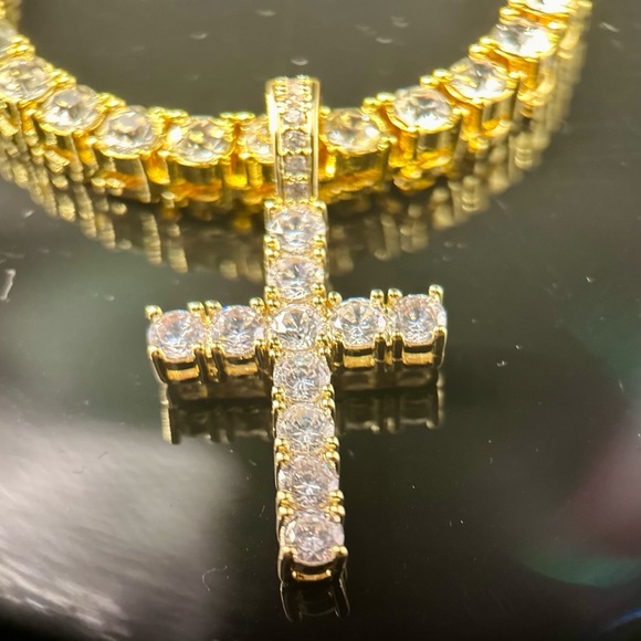 Gold Plated Sterling Silver Tennis Chain Necklace 20” with CZ Cross Pendant - Picture 5 of 6